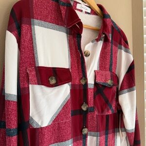 Eden & Olivia Red and White Plaid Button-Up Jacket Shirt Soft Fur lining Medium